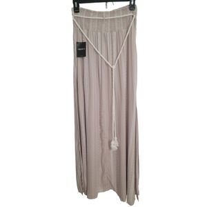 Forever 21 Women's Large Maxi Skirt Beige White Geometric Smocked Waist Boho Flo